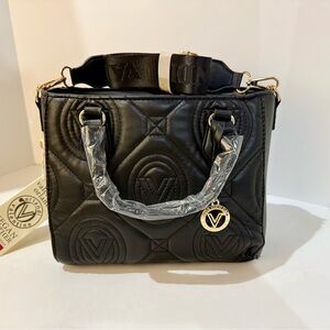 Valentino Orlandi Black Quilted Satchel with Gold Accents